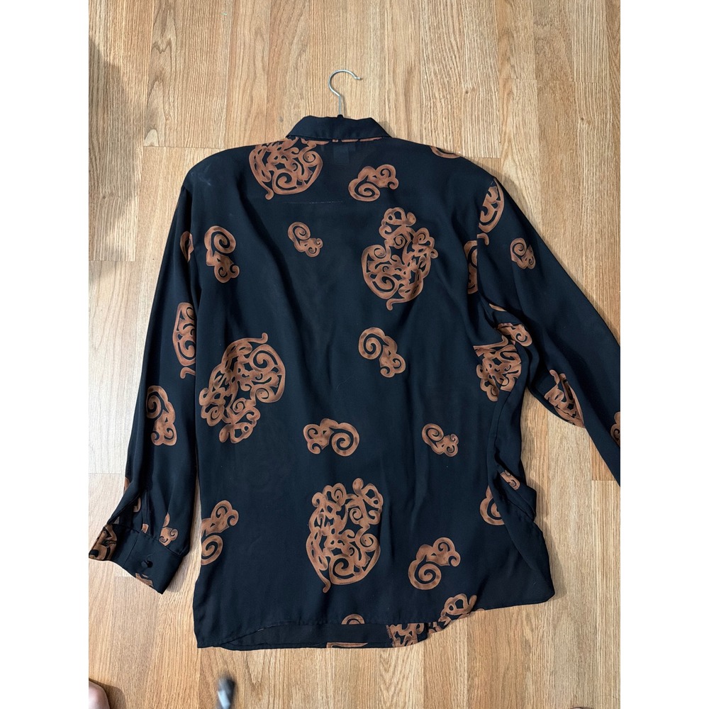 Les Camilles New York Black Copper Abstract Swirl Print Button Down Blouse M - Picture 3 of 4